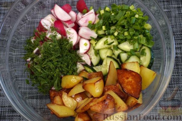 Салат с редиской, жареной картошкой и огурцами